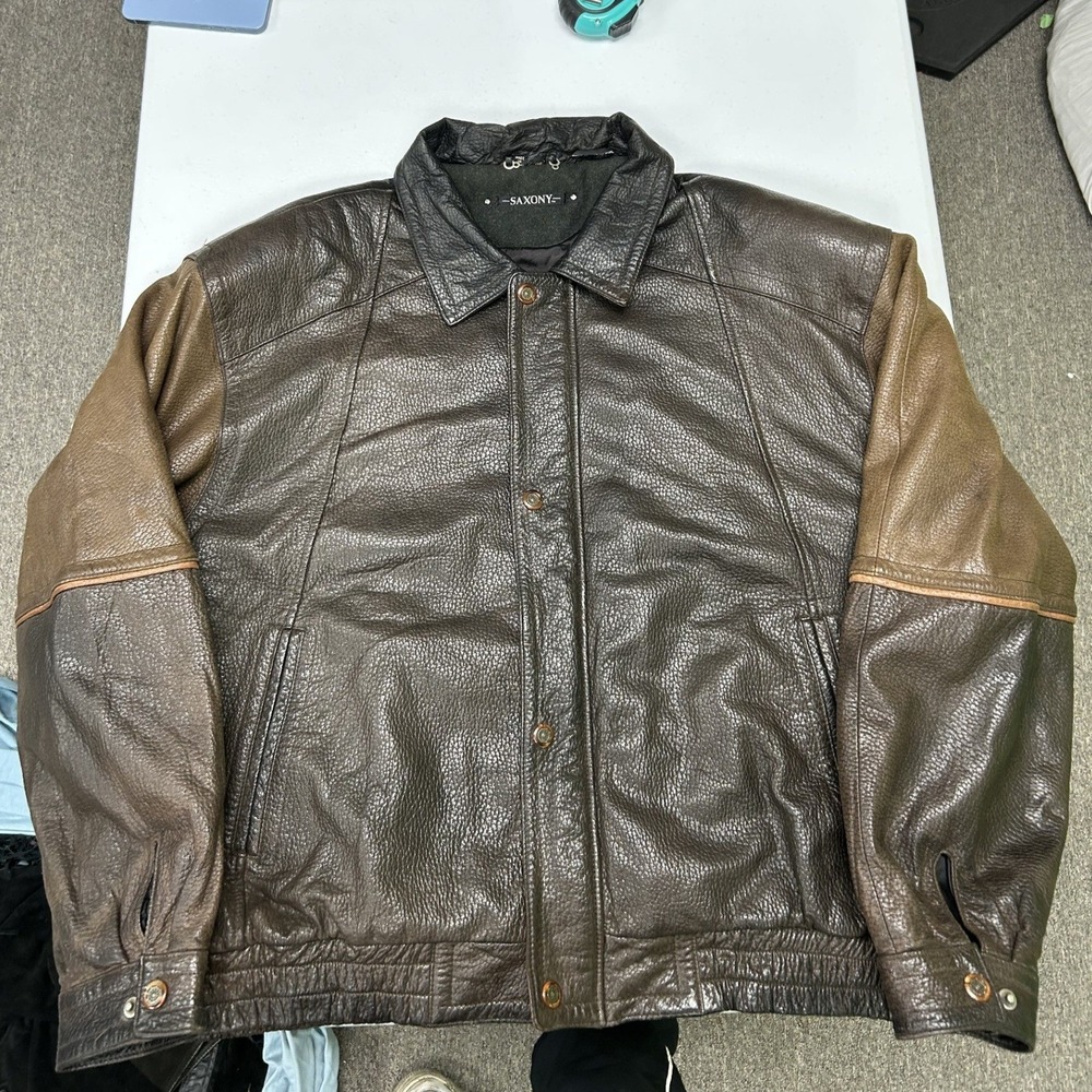 Saxony Leather Bomber Jacket Mens 48 Brown Two Tone Pebbled Distressed Vintage